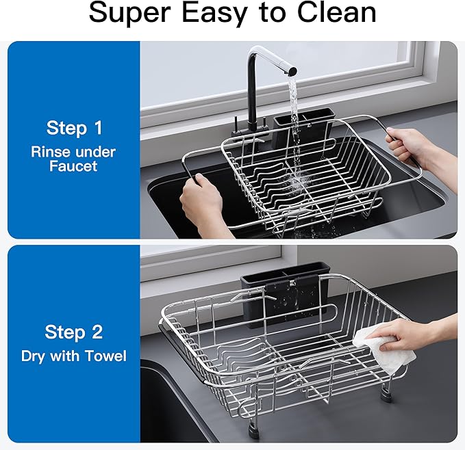 Apartment RV Small Dish Drainer Drying Rack Over The Sink In Stainless Steel for Narrow Kitchen, Counter Space Saving Compact Expandable Metal Plate Dryer Strainer, Modern Above Wire Drain Holder