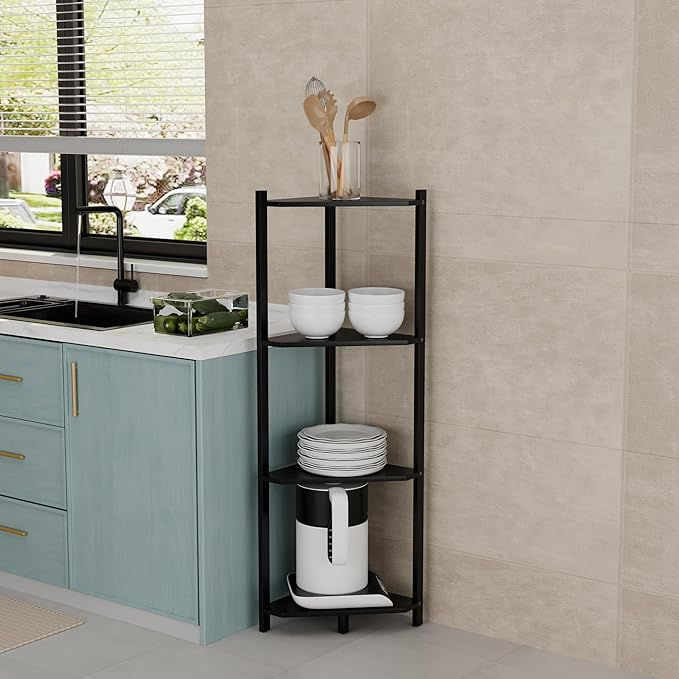 Wisuce Corner Shelf, 100% Real Bamboo Shower Corner Shelves Free Standing Shelf Storage Organizer for Bathroom Living Room Kitchen (Black, 4 Tier)