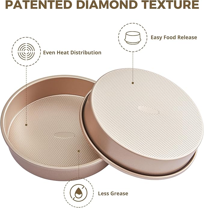 HONGBAKE Nonstick Ceramic 9 Inch Round Cake Pan Set of 2, Heavy-Duty Aluminized Steel round cake pans with Diamond Texture, Non-Toxic Cake Molds, Cake Pans Sets for Baking Cheesecake, Cream, Gold