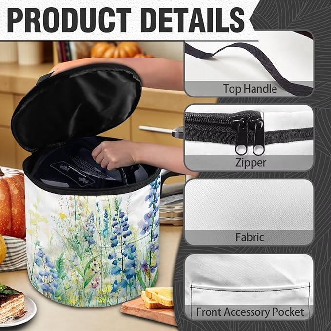 Iris Flower Pressure Cooker Storage Bag Air Fryer Carry Bag Whiite Flower Air Fryer Rice Cooker Slow Cooker Insulated Carrier Bag Zipper Closure Kitchen Small Appliance Dust Covers