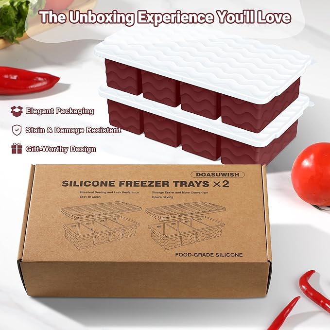 Doasuwish Silicone Freezer Tray for Soup with Lid – 1-Cup Soup Container Style Ice Cube Trays for Freezer, Meal Prep & Food Storage, Freeze 250mL/125mL Portions – 2 Pack