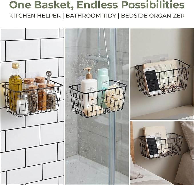2 Set Adhesive Hanging Wall Basket Inside Cabinet Door Organizer,Wall Storage Basket-No Drilling Adhesive wall Basket for Cupboard Door,Space-Saving Small Hanging Baskets for Wall Mount Storage,Black