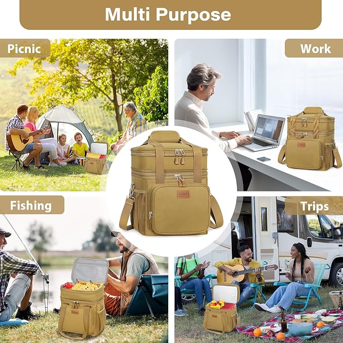 Expandable Large Lunch Box, Insulated Heavy Duty Lunch Bag Waterproof Leakproof Durable Cooler Bag for Men Women Adults Work Construction Camping Trip, 16L, Brown