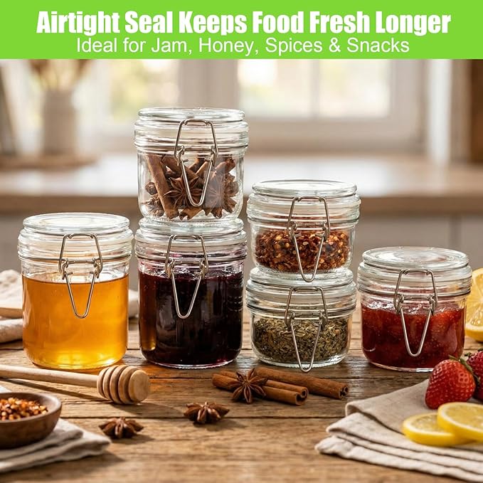 LemonRoad Airtight Glass Jars with Hinged Lids Set of 12, Paired with 2 Chalkboard Labels, Small Mason Jars in 3 Sizes (4/7/9.5oz), Clamp Lock Canisters for Jam, Spice, Honey, Kitchen Organization