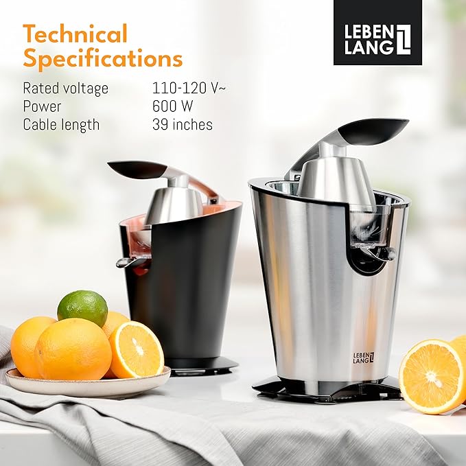 LEBENLANG Stainless Steel Electric Orange Juicer 600W I Incl. Stainless Steel Cone & BPA-Free | Electric Juicer Citrus Press Fruit Press I High Juice Yield for Oranges & Lemons