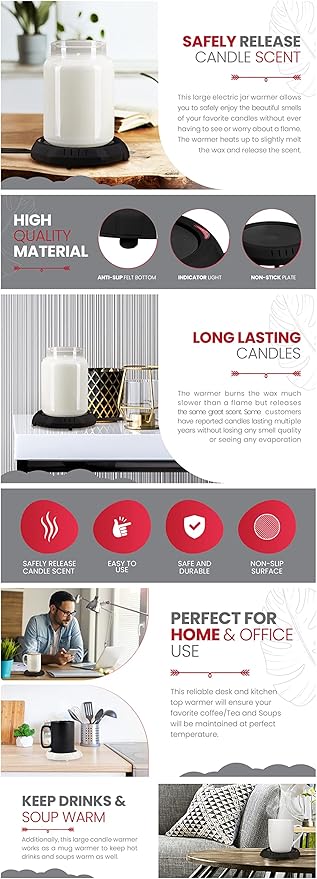 Candle Warmer Plate Safely Releases Scents Without a Flame- Used as Candle Jar Warmer, Candle Melter, Coffee Warmer, Mug Warmer, Cup Warmer in Your Home & Office (Black)