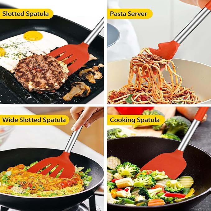 Kitchen Utensils Set, 14 Pcs Silicone Cooking Utensils Set with Holder and Heat Resistant Stainless Steel Handle for Nonstick Cookware - Black