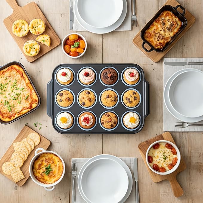 Boyun Silicone Muffin Pan for Baking,No-Spill Easy-Transfer Design,Reinforced Steel Frame, Non-Stick & Dishwasher Safe,12-Cup Regular Size Muffin & Cupcake Pan Bakeware for Oven (Blue 2pcs)