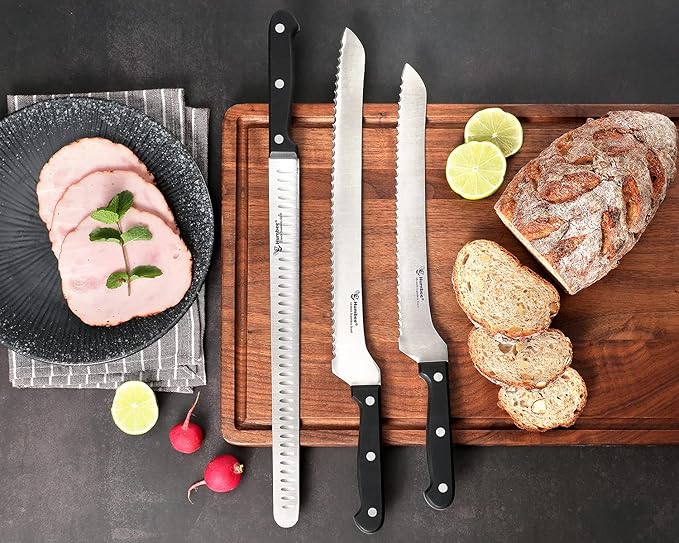 12 Inch Carving Knife with Razor Sharp Granton Edge for Brisket BBQ Meat and Turkey Cutting – Stainless Steel Blade with Ergonomic POM Handle – Long Slicing Knife for Kitchen and Grill