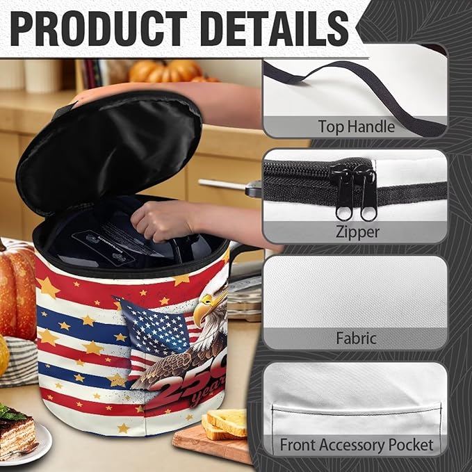 Stars and Stripes Electric Pressure Cooker for America250 Semiquincentennia Bald Eagle Insulation Handbag Keep Appliance Clean Electric Pressure Cooker Bag with Accessories Pockets