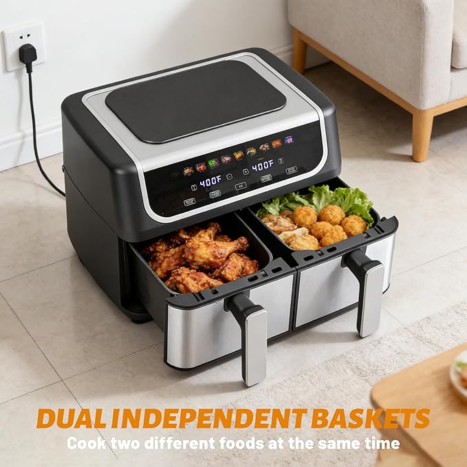 2 Baskets Air Fryer 9.5 QT, 10 in 1 Dual Air Fryers with Ceramic Crisper Plate, 80-450°F Wide Temp, Smart Cooking Mode with Match & Sync Cook, Shake Reminder, Roast, Defrost, Bake, Black