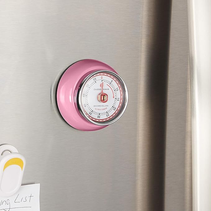 Zassenhaus Magnetic Retro Kitchen Timer, Classic Mechanical Cooking Timer (Pink)