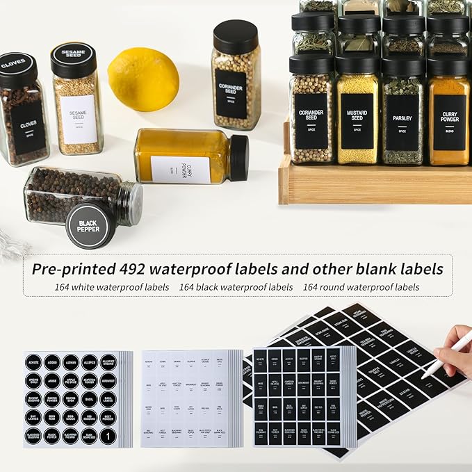 24 Glass Spice Jars with Labels, Spice Jar Set, 4oz Spice Containers, Seasoning Containers with Black Airtight Lids and Shaker Lids, Square Empty Spice Bottles, 492 Labels, 1 Funnel