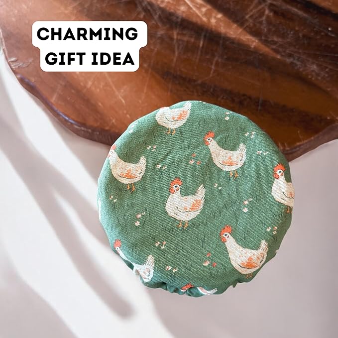 (4-Pack) Sourdough Reuseable Jar & Bowl Covers | Cute Baking Gift | 100% Cotton | Washable | Bread Proofing | Kitchen Food Storage Gifting | Starter Cover Lid Kit (Chickens)