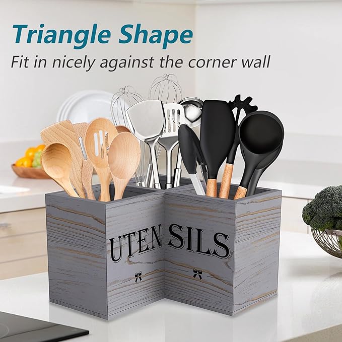 Suli Extra Large Kitchen Utensils Holder with 3 Compartments,Corner Shelf,Wooden Utensil Organizer for Kitchen Countertop, Farmhouse Decor, Rustic Cooking Utensil - Grey grain