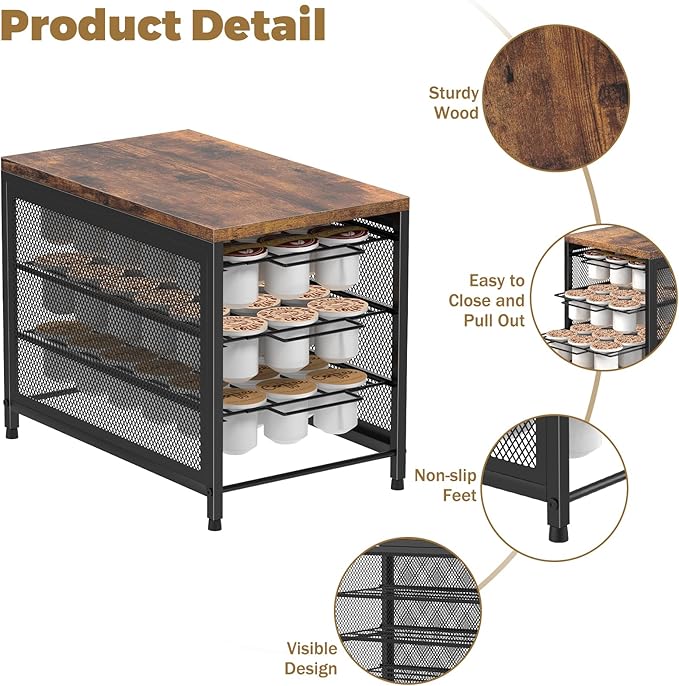 NANANARDOSO Coffee Pod Holder For Counter, 3 Tier Coffee Pod Drawer for Keurig Pod Storage Drawer Holder, 54 Capacity Pods Storage Organizer Cups Capsule with Sliding Baskets for Coffee Station
