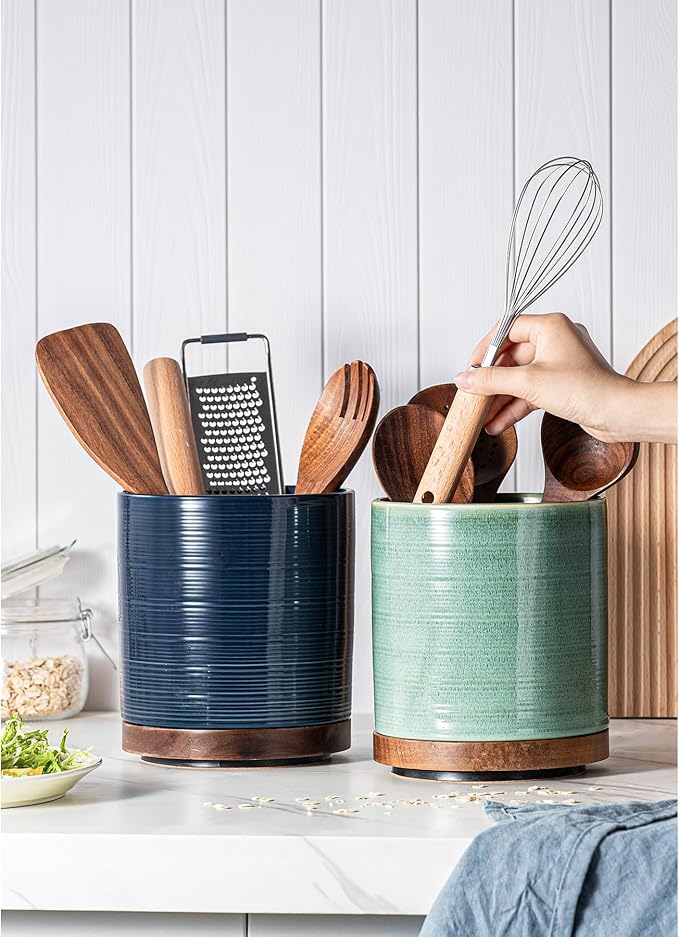 Utensil Holder, 360° Rotating Extra Large Ceramic Kitchen Utensil Holder for Countertop, 7.3“ Cooking Utensil Crocks for Kitchen Counter with Rotatable Wooden Base, Farmhouse Decor, Forest Green