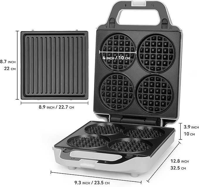 SugarWhisk 2 in 1 Mini Waffle Maker with Removable Plates, Panini Press Sandwich Maker, Sandwich Press, Waflera Electrica, Sandwichera Electrica, 4 X 4 Inch Classic Waffle Maker for Kids, White