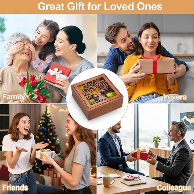 handrong Wood Tea Box Organizer,Tea Organizers and Storage with Tree Pattern,Tea Bag Holder,Decorative Tea Storage Organizer Box,9 Compartments Tea Organizer for Tea Bags Coffee