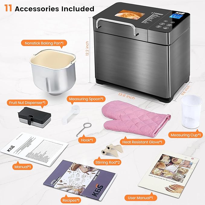 KBS 710W 2LB Bread Maker Dual Heaters, 17-in-1 Stainless Steel Bread Machine with Healthy Ceramic Pan, Automatic Nut Dispenser, Tempered Glass Touch Panel, 3 Crust Colors, 15H Timer& Keep-Warm,Recipes