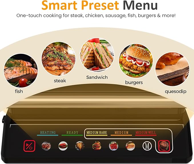 Sunvivi Indoor Grill & Griddle with Preset Menu, 1600W Electric Panini Press Sandwich Maker, Removable Nonstick Plates, Locking Lid, Double-sided Grill with 180° Flat Opening, Stainless Steel, Black