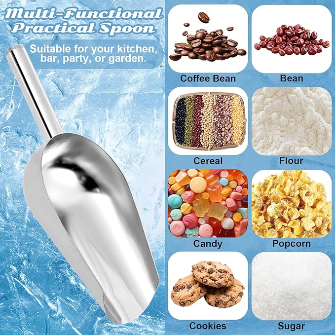 3 + 6 + 9 + 12 + 16 OZ Ounce Stainless Steel Ice Scoop Set of 10, Food-Grade, Multiple Sizes Metal Food Scoop, Rust-proof Candy Ice Cube Scoop for Kitchen Party Wedding Popcorn Dog Food Potted Plants
