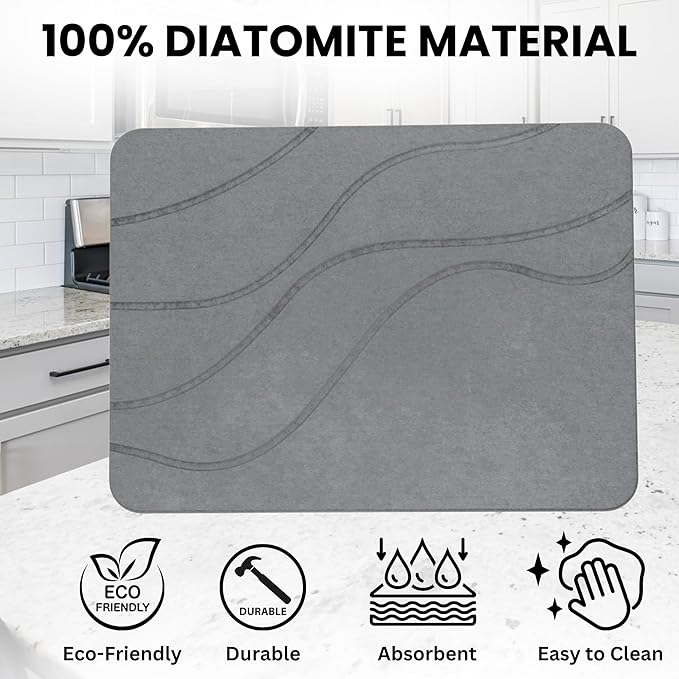 Stone Dish Drying Mat For Kitchen Counter With Diatomite Sink Tray Set - Quick Dry, Fast Water Abosrbing, Diatomaceous Earth - Multi-Purpose Stone Drying Mat For Dishes, Cups, Bottles - (15" x 15")