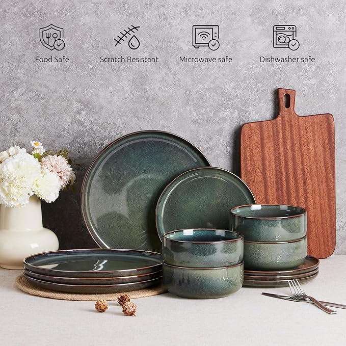 E-far Dinnerware Sets for 8, 24-Piece Stoneware Plates and Bowls Set, Ceramic Dishes Reactive Glaze Dinning Ware, Microwave & Dishwasher Safe - Obsidian Green