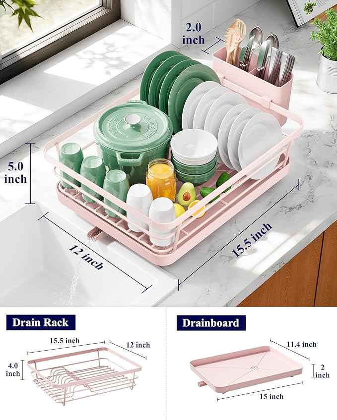 Kitsure Dish Drying Rack for Kitchen Counter, Stainless Steel Sink Organization and Storage Essentials with Cutlery Holder, Home and Appartment Decor, 12''W x 15.5''L, Pink