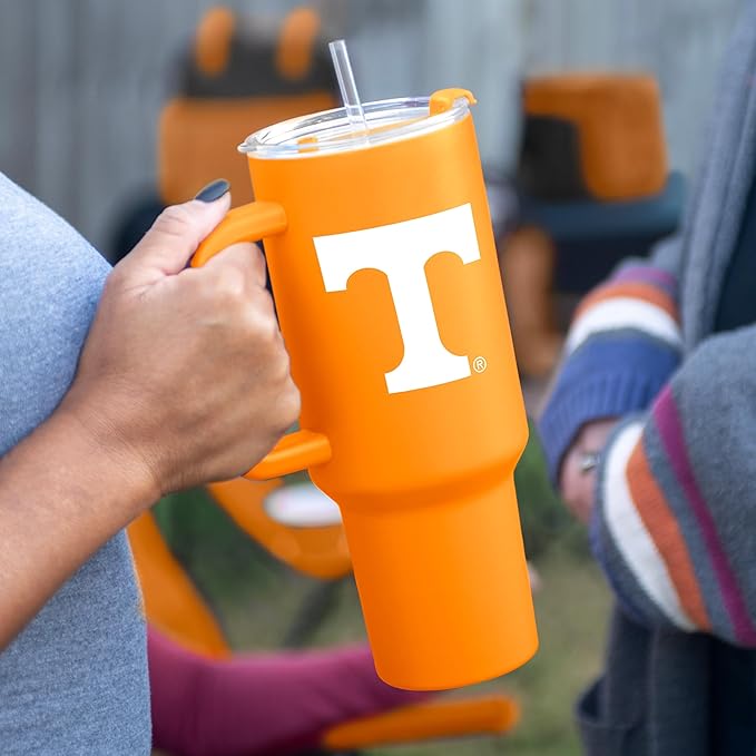 Logo Brands NCAA 40 oz Tumbler with Handle -Stainless Steel Insulated Travel Tumbler with Straw Lid – Powder Coated, Leak-Resistant, Keeps Drinks Hot/Cold – Great for Tailgating, or Everyday Use