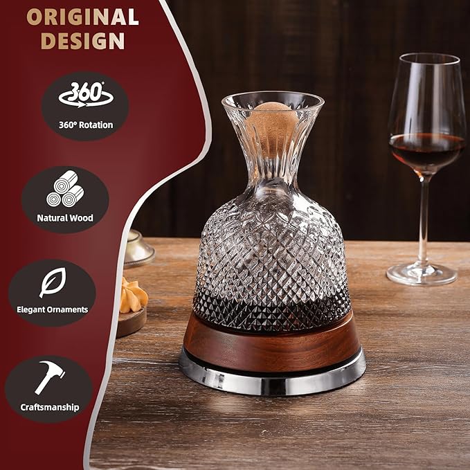 Rotating Wine Decanter Set with Solid Wood Base, Fun Crystal Glass Wine Carafe, Red Wine Decanter, Wine Accessories, Wine Gifts, Perfect for Home Bar (Silver Accents)