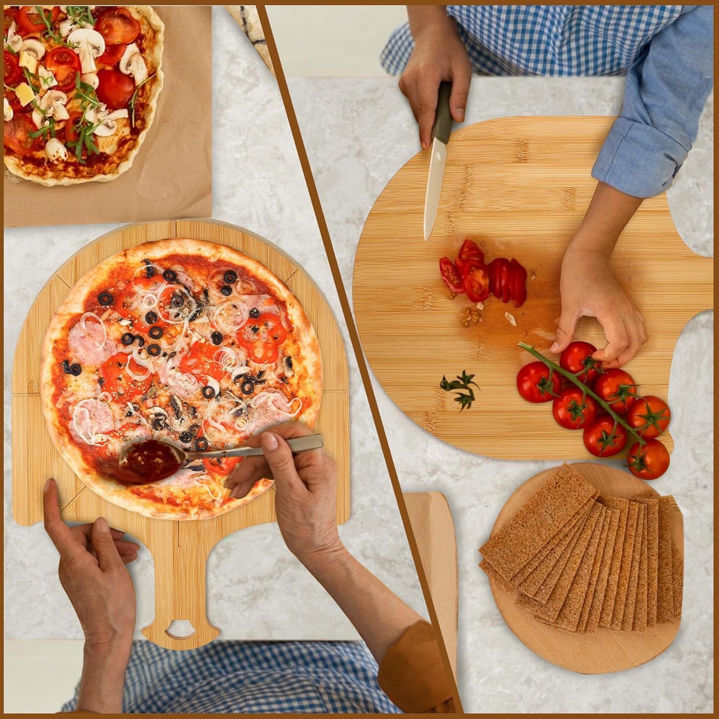Pizza Peel Wooden, 2 Pack of 12 Inch Pizza Spatula Wood Non-Stick, Bamboo Pizza Paddle as Cutting Board with Cutting Grooves for Easy Pizza and Bread Making