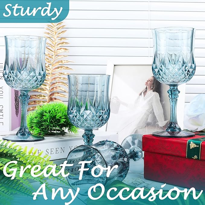 Plastic Wine Glasses, Plastic Goblets Vintage Style Cordial Unbreakable Drinking Glasses, Reusable Drinkware for Wedding Reception, Grand Event Party Supplies (48, Dusty Blue)