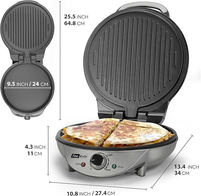 FineMade Electric Griddle Nonstick, Multi-Funtional Quesadilla Maker 10 Inch, Electric Grill Indoor, Pancake Griddle & Pan, Smokeless Indoor Grill, Non-stick Surface, Silver