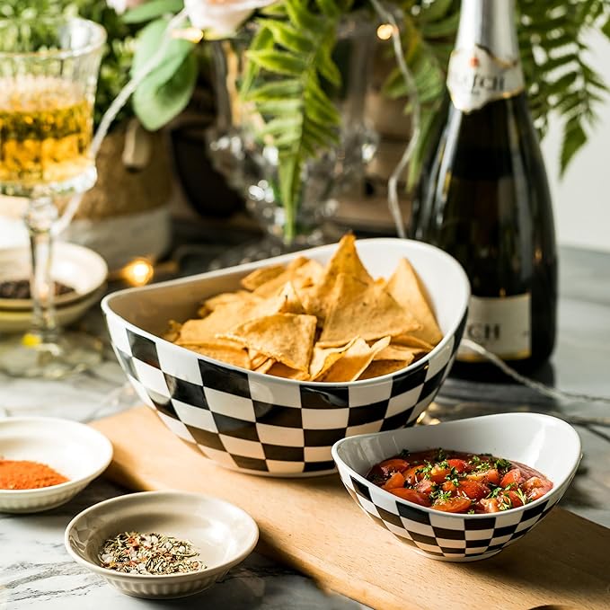 Miamolo Tiered Serving Bowls Chip and Dip Serving Set with Stand, Ceramic Appetizer Serving Dishes Platters and Trays for Parties Entertaining - Checkered Kitchen Decor