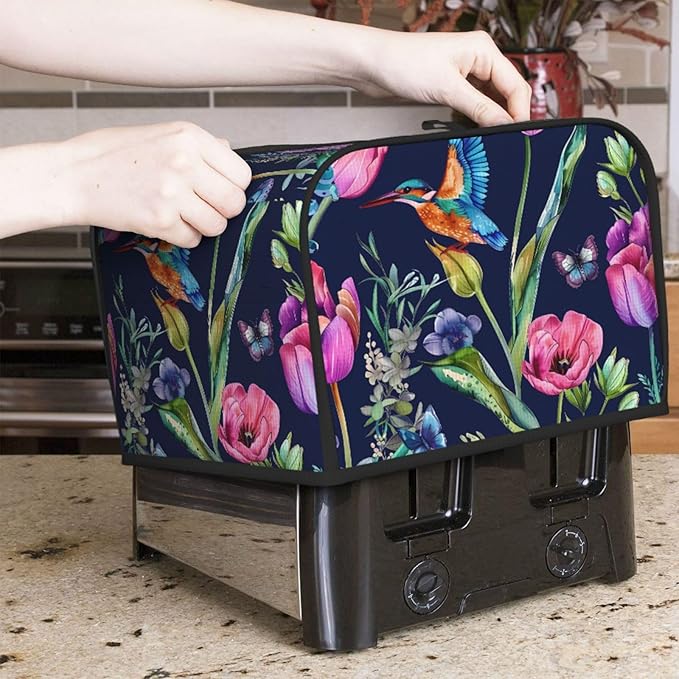 Toaster Cover 4 Slice Hummingbird Iris Flower Waterproof Appliance Cover with Hang Loop Bread Baker Toaster Cover for Kitchen