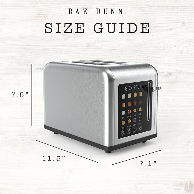 Rae Dunn 2 Slice Smart Toaster, Digital Display, Wide Slots, 8 Browning Levels, 6 Bread Types, 4 Functions (Defrost, Reheat, Cancel, Add Time), 825W Digital Stainless Steel