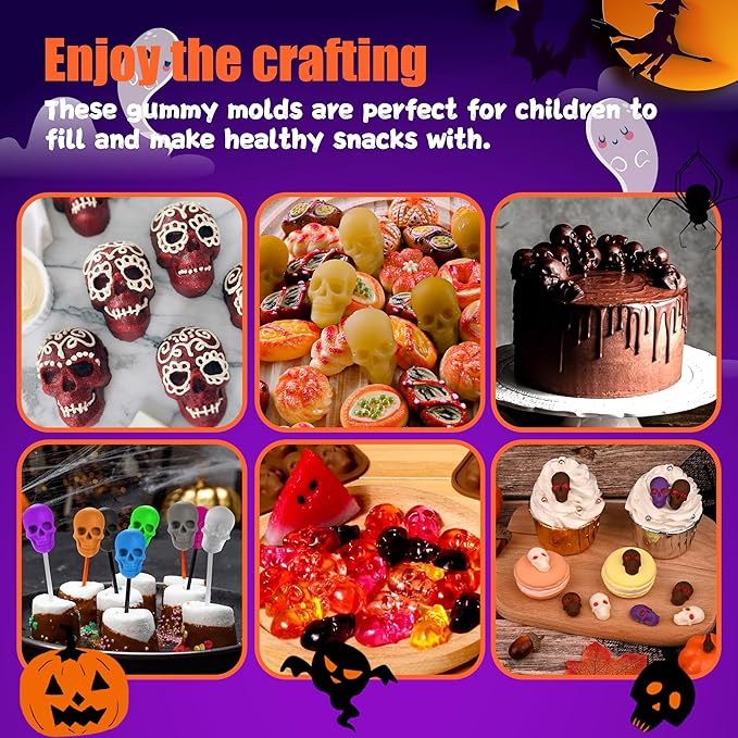 3 Pack Halloween Gummy Skull Candy Molds Silicone,Halloween Mini Skull Mold with 2 Droppers for Chocolate, Candy,Ice Cube - Orange,Red,Black
