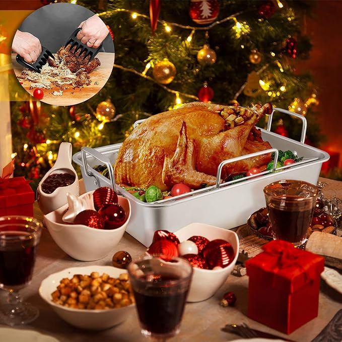 16" Roasting Pan with Rack, 7 PCS P&P CHEF Stainless Steel Turkey Roaster Lasagna Pan with Cooling Flat & V-shaped Baking Rack, Grilling Chicken Holder, Meat Shredding Claws, Dishwasher & Oven Safe