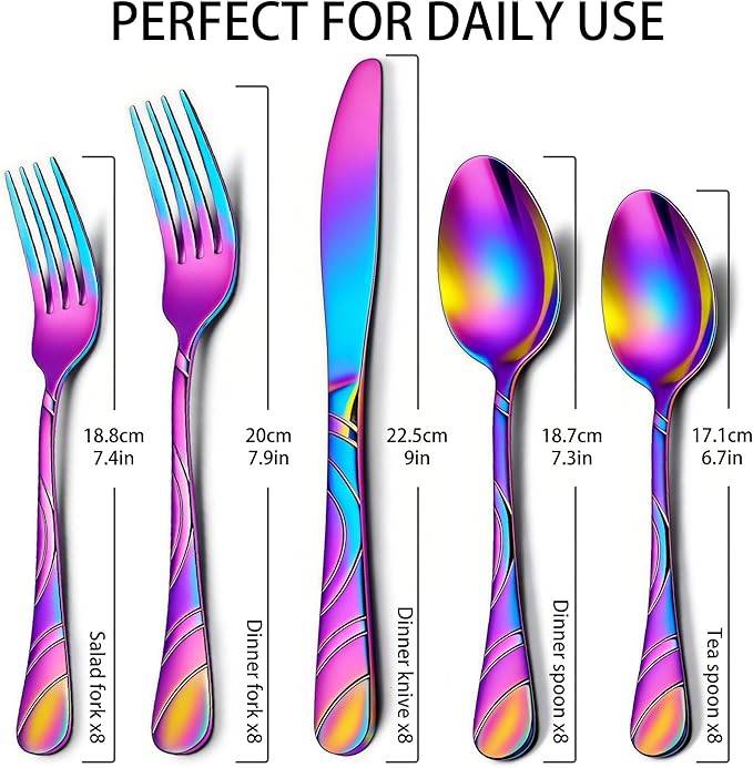 40-Piece Rainbow Silverware Set for 8, 18/0 Frosted & Mirror Finish Stainless Steel Vintage Flatware Set, Modern Cutlery Set for Home Wedding Restaurant Housewarming Party Event Serving For 8
