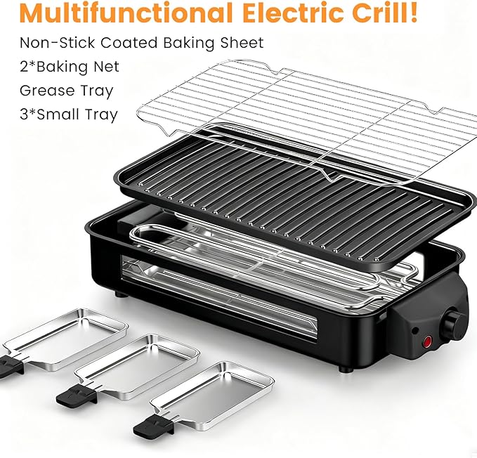 2 in 1 Electric Indoor Grill 1700W - YOHAWJAN Black Smokeless Indoor Grill Pan with Grilling Net & Non-Stick Removable Griddle Plate, Temperature Control Korean BBQ Grill for Kitchen with 3 Cheese Pan