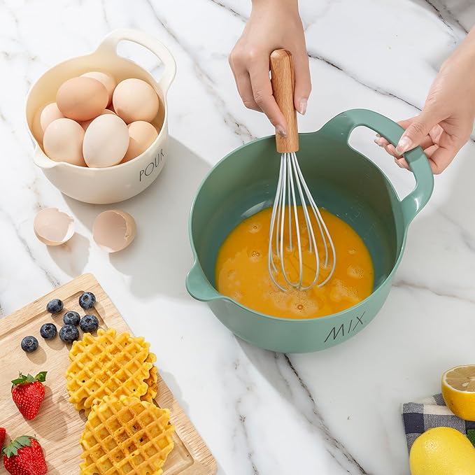 Rae Dunn Non-Slip Mixing Bowls - 4 Piece Nesting Plastic Mixing Bowl Set with Pour Spouts and Handles-Measurement Markings (Sage)