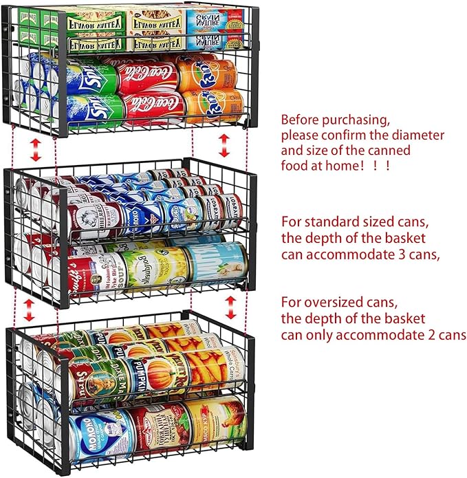 JKsmart 2-Tier Stackable Rack Organizer for Pantry, Adjustable Dispenser Holds Up to 88 Cans, Storage Holder for Various Ounces of Canned Drinks, Black, 3 Pack