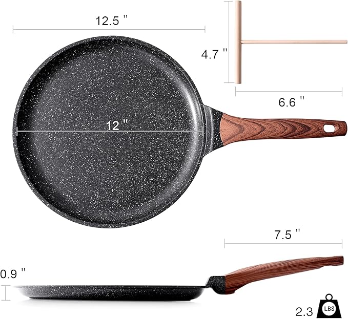 Kordisen Crepe Pan Nonstick, 12 Inch Dosa Pan with Spreader, Granite Coating Comales Para Tortillas Pancake Pan, Flat Pan for Stove Top, Induction Compatible, PFOA Free