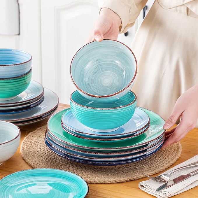 vancasso Bonita Plates and Bowls Sets 18 Pieces Blue Stoneware Service for 6, Modern Round Dinnerware Sets, Hand-Painted Spiral Dishes Set-Microwave and Dishwasher Safe (Blue,18 Pcs)