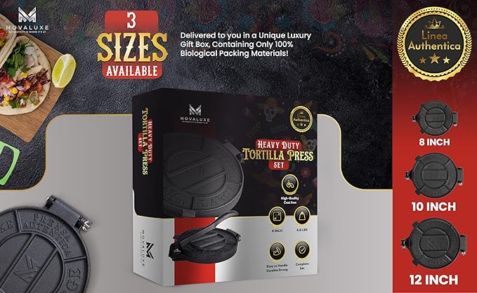 Movaluxe® Tortilla Press 8 Inch Cast Iron LARGE – Corn & Flour Roti Maker Machine Heavy Duty Tortillera Presser. With Parchment Paper, Warmer Pouch, Taco Holders, Rubber Mat & Digital Culinary Guide