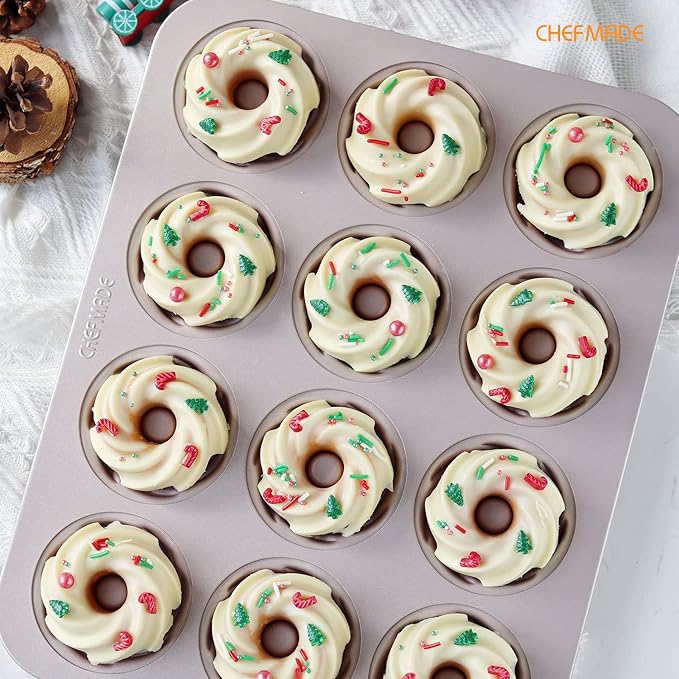 CHEFMADE Tube Cake Pan, 12-Cavity Non-Stick Cyclone Doughnut Bakeware for Oven Baking (Champagne Gold)