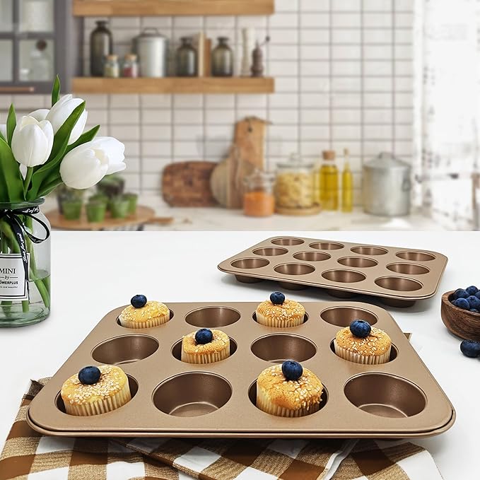 Satax Muffin Pan for Baking, Nonstick Cupcake Tin 12 Cup,sets of 2,Heavy Duty Steel Muffin Pan (Gold, 12-cup)