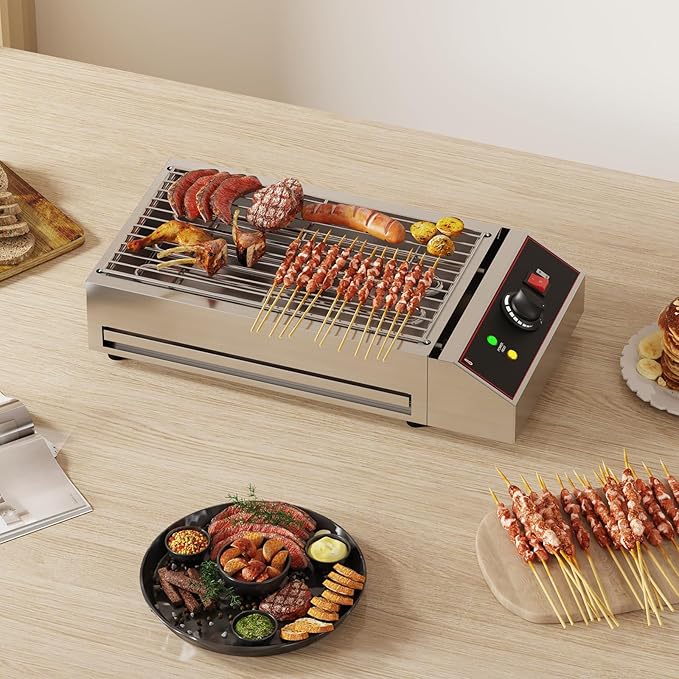 1800W Countertop Electric Grill, Smokeless Indoor Grill with Removable Griddle, Adjustable Temperature 122°F-572°F, Commercial Stainless Steel BBQ Grill for Party Restaurant Camping