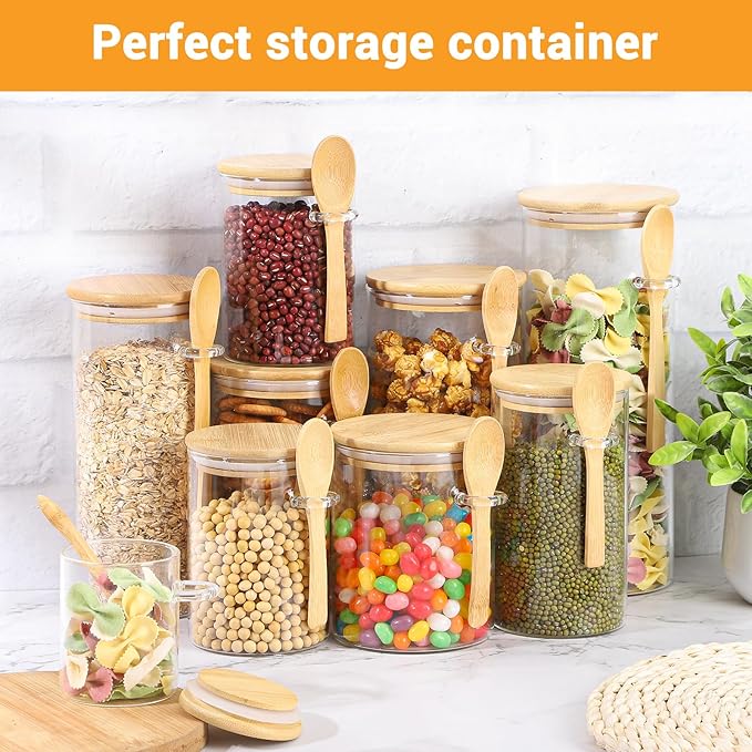 Glass Jars with Bamboo Lids and Spoon - 4 Pack 23 Fl.oz Glass Jars with Airtight Lids, Includes Labels and Marker, Pantry Canister for Cereal, Tea, Flour Sugar Coffee Containers